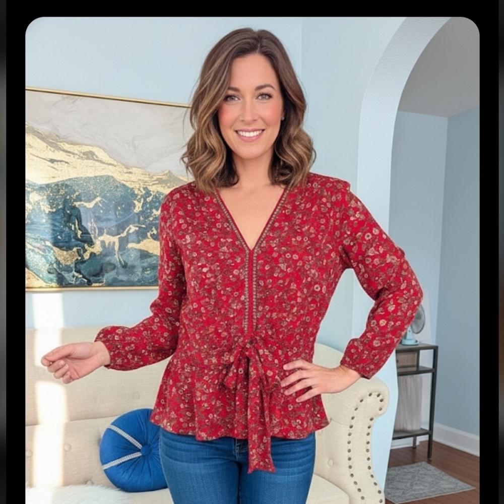 NWT Max Studio Woman's Red Tie Waist Floral Top Size XL